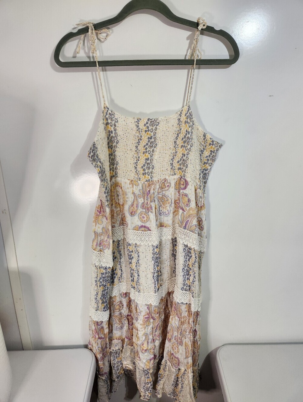 Bohemian Cream Paisley Tiered Sundress with Lace Trim, Size Med
